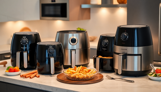Air fryer in kitchen with crispy food for healthier meals.