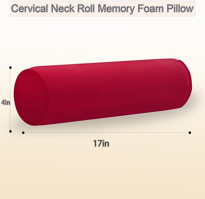 Round Cervical Roll Cylinder Bolster Pillow, 4" x 17" Orthopedic Cervical Roll Memory Foam Ergonomically Pillow forBed, Car, Office and Home Use,with Washable Cover (Rose Red)
