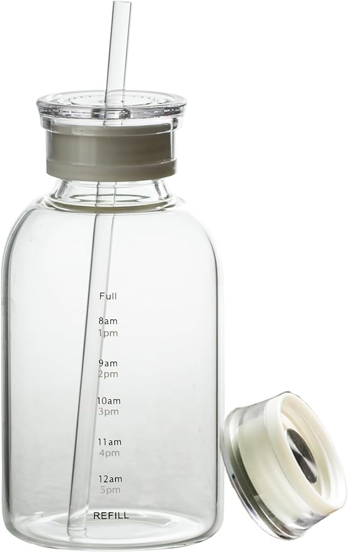 Glass water bottle With Time Marker -15oz with 2 caps and straw,Reusable Glass Drinking Bottles,Suitable For Drinks, Juices, Sodas, Coke, As Gifts Etc (15oz)