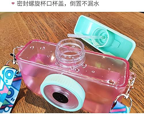 Camera Bottle Travel Cup with Straw Birthday Party Gift Ice Drinking Water Bottle Mug with Strap Picnic (camera pink, 400 ml)