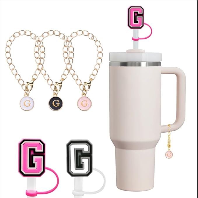 compaitable with stanley cup with accessories,30&40 oz,1 charm letter chain for handle with stanley straw top letter cover for stanley cup (g), small