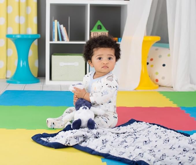 2-Ply Reversible Luxury Baby Blanket with Puppy Embroidery, Blue and White Little Me Puppy Toile Print (30 inch x 40 inch)