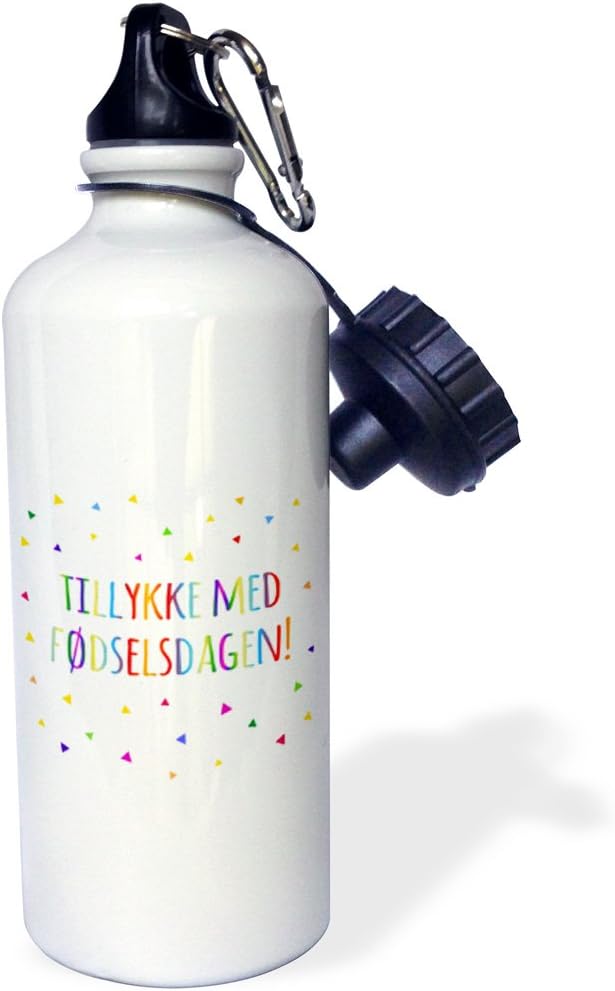 3dRose Tillykke med fodselsdagen-Happy Birthday in Danish. Colorful Denmark-Sports Water Bottle, 21oz , 21 oz, Multicolored