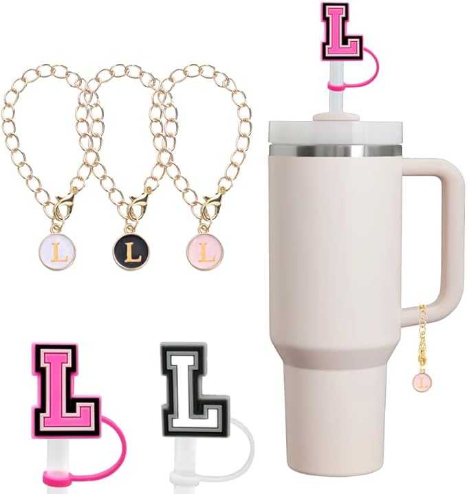 compaitable with stanley cup with accessories,30&40 oz,1 charm letter chain for handle with stanley straw top letter cover for stanley cup (l), small