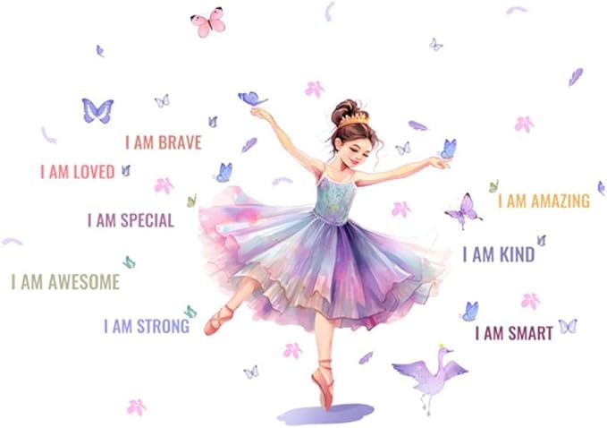 Butterfly Girl Wall Decals with Quotes, Colorful Butterflies and Motivational Lettering, Wall Stickers for Nursery, Girl Bedroom or Dance Room (MS7109)