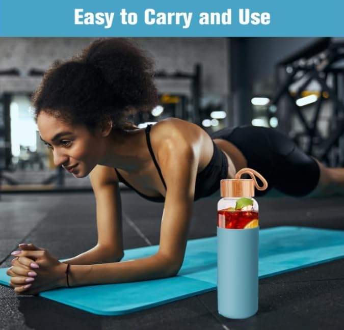 Lily's Home Glass Water Bottles Set of 2 - Glass Water Bottle Set. 18 oz Glass Bottles with Lids (Bamboo, Leakproof Seal), BPA Free, Silicone Sleeves to Avoid Drops & Bumps and Snags Tabletops