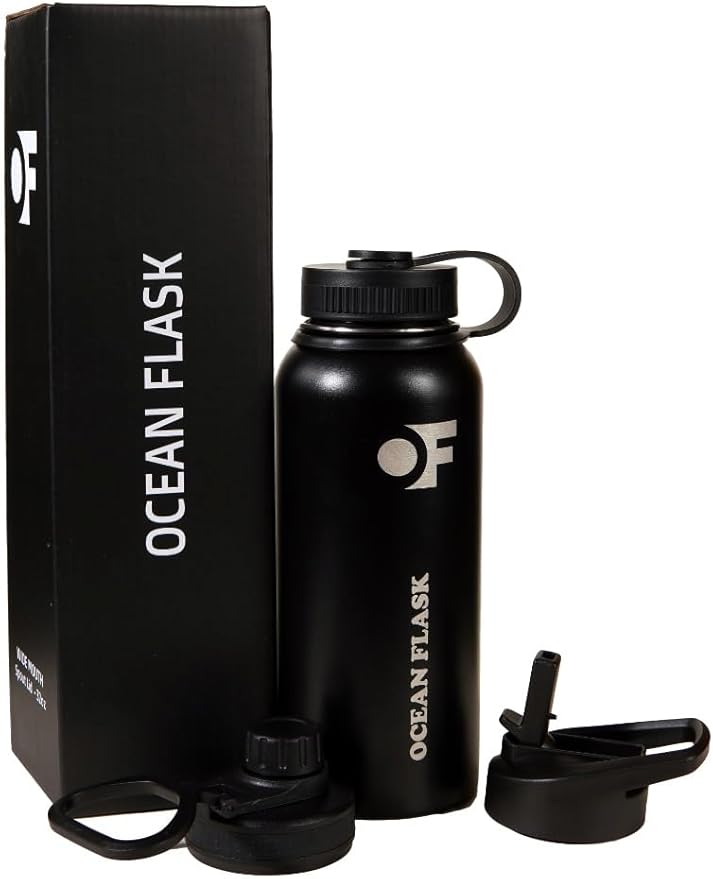 Sports Water Bottle - 32 Oz 3 Lids Straw Lid Leak Proof (Straw, Spout and Handle Lid)- Stainless Steel Sport and Gym, Travel Bottles for Men, Women -Insulated Thermos (Midnight Black)