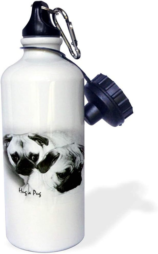 3dRose Hug a Pug Puppies Sports Water Bottle, 21 oz, White
