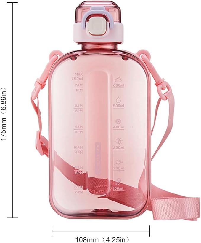 750ML Square Transparent Water Bottle, Cute Sports Water Jug with Adjustable Strap, Portable Motivational Water Bolttles for Travel, Hiking and Outdoor Workouts