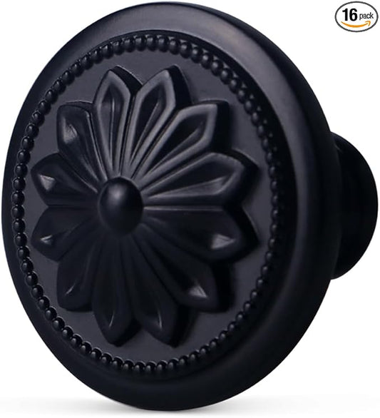 16 Pack Matte Black Kitchen Cabinet Hardware Knobs, 1-2/5" Round Black Cabinet Knobs for Cabinets Black Matte Drawer Knobs Handles for Dresser Drawers