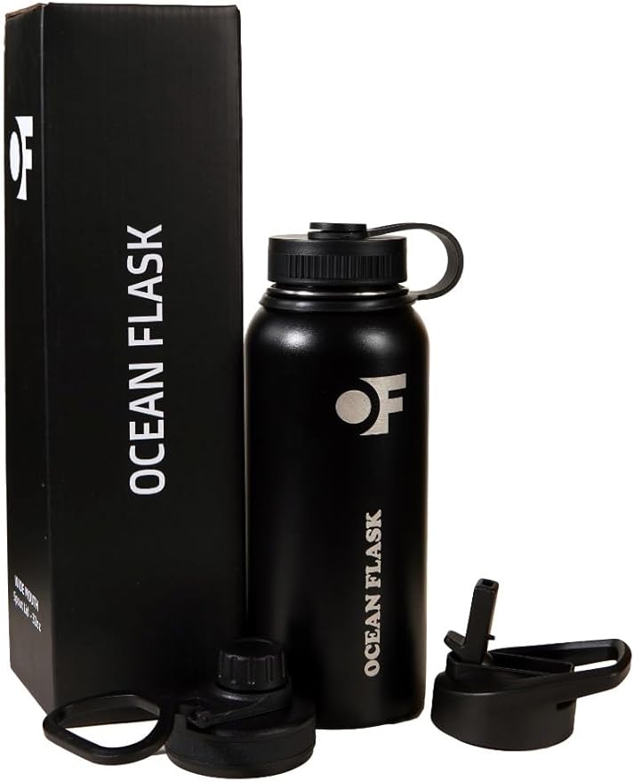 Sports Water Bottle - 32 Oz 3 Lids Straw Lid Leak Proof (Straw, Spout and Handle Lid)- Stainless Steel Sport and Gym, Travel Bottles for Men, Women -Insulated Thermos (Midnight Black)