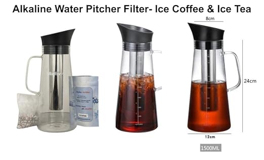 Alkaline Water Filter Pitcher with Infuser, Glass Pitcher with Lid 1.5L | 9.5 pH Alkaline Filters | Tea Pitcher | Borosilicate Glass | Infuser Pitcher (3 Pack Box (30g Filters))