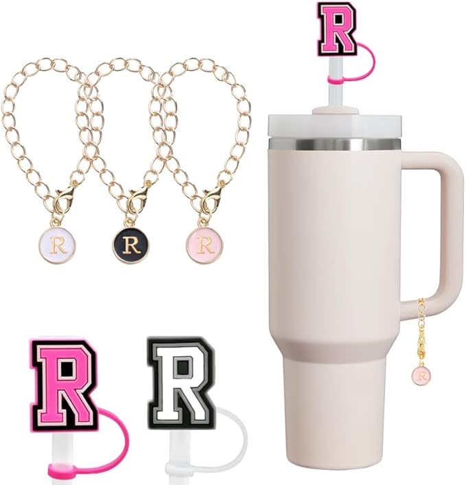 compaitable with stanley cup with accessories,30&40 oz,1 charm letter chain for handle with stanley straw top letter cover for stanley cup (r), small