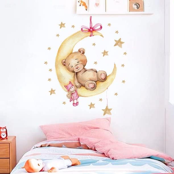 Teddy Bear Sleeping on The Moon and Star Wall Sticker for Kids Room Baby Room Nursery Interior Wall Decorative Kids Wall Sticker