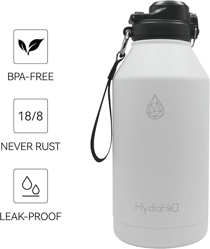 64 oz Insulated Water Bottle With Straw Pop-up & Auto Spout Lid, Flex Handel, Waterbottle Strap Carrier, Half Gallon Stainless Steel Water Water Hydro Jug Thermo Flask (Brilliant White)