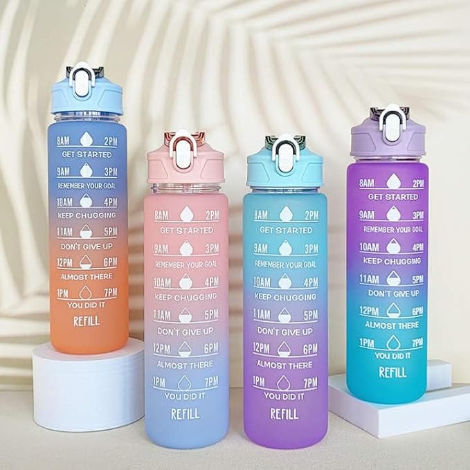 Generic Drinking Water Bottles Fitness Sports With Time Marker, 900 ml, Multiple Colors, Motivational Drinking Bottles (Blue+Purple), XH-2081