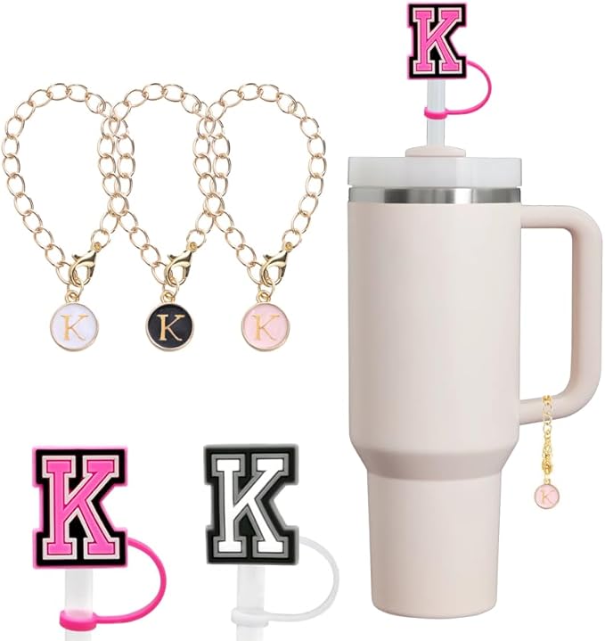 compaitable with stanley cup with accessories,30&40 oz,1 charm letter chain for handle with stanley straw top letter cover for stanley cup (k), small