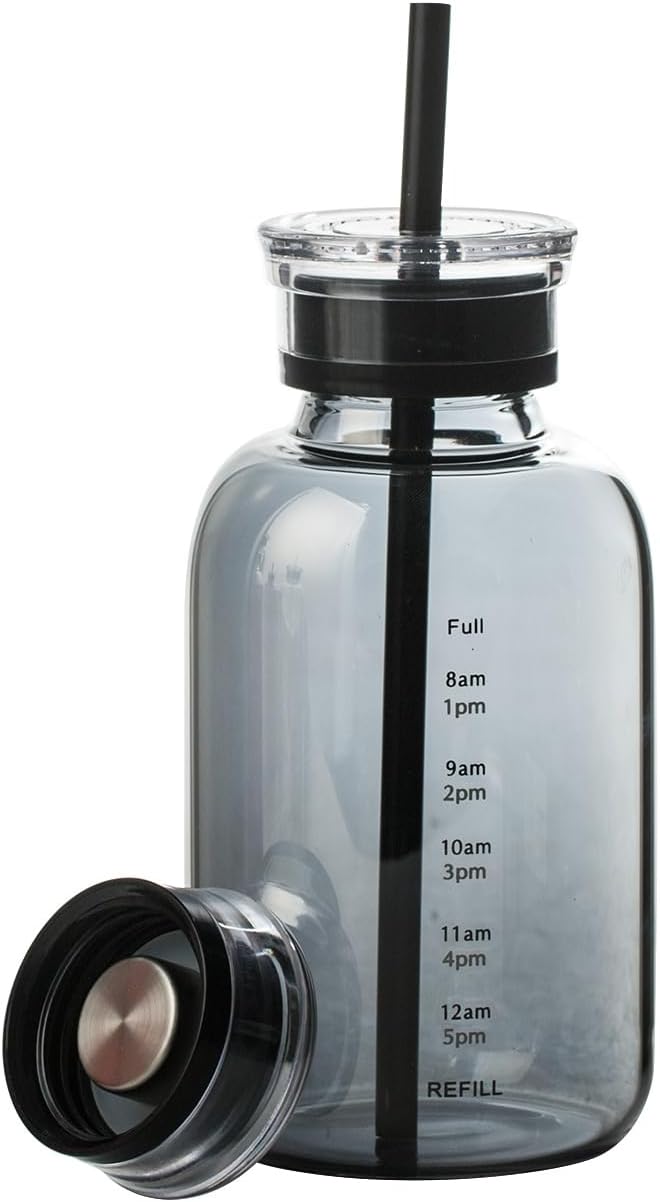 Glass water bottle With Time Marker -15oz with 2 caps and straw,Reusable Glass Drinking Bottles,Suitable For Drinks, Juices, Sodas, Coke, As Gifts Etc (Smoky 15oz)