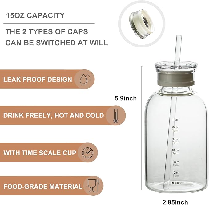 Glass water bottle With Time Marker -15oz with 2 caps and straw,Reusable Glass Drinking Bottles,Suitable For Drinks, Juices, Sodas, Coke, As Gifts Etc (15oz)