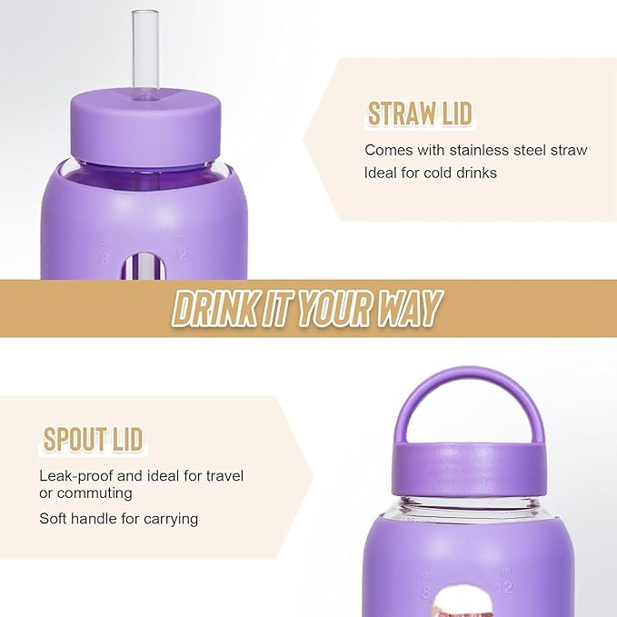 25oz Glass Water Bottles,glass tumbler with straw and 2 lid,Glass Cup with Lid and Straw(BPA Free),Water Bottle with Handle for Outdoor Sports and Home Use.