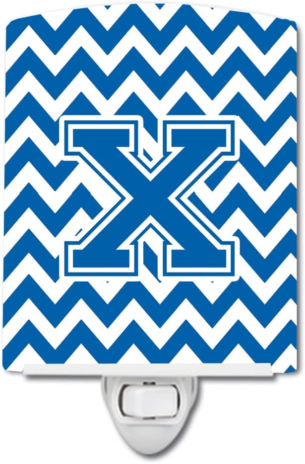 Caroline's Treasures CJ1056-XCNL Letter X Chevron Blue and White Ceramic Night Light Compact, UL-Certified, Ideal for Bedroom, Bathroom, Nursery, Hallway, Kitchen, 6x4x3, Multicolor