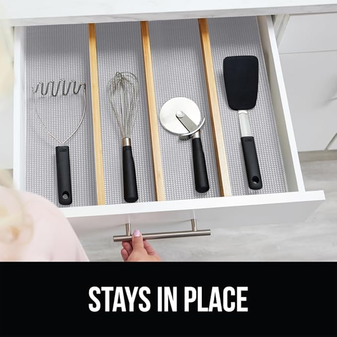 Gorilla Grip powerGRIP Drawer Shelf and Cabinet Liner, Thick Strong Hold, Non-Adhesive Liners Protect Kitchen Cabinets and Cupboard, Bathroom Drawers, Easy Install, Breathable Mat, 12" x10' Light Gray