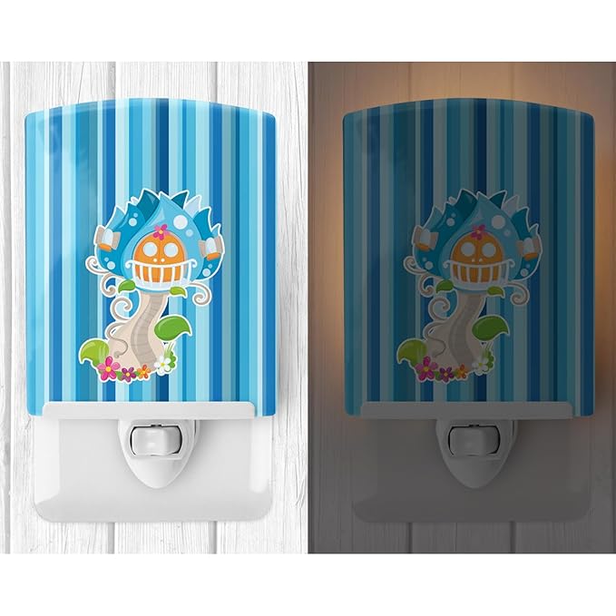 Caroline's Treasures BB6914CNL Fairy House Blue Stripes Ceramic Night Light Compact, UL-Certified, Ideal for Bedroom, Bathroom, Nursery, Hallway, Kitchen, 6x4x3, Multicolor