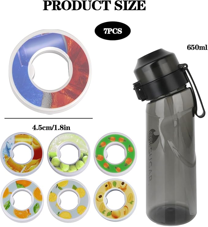 Air Scent Water Bottle Flavor Pods 650ml BPA Free Water Cup with 7 Flavour Pods Sports Water Bottle Suitable for Outdoor(Black)