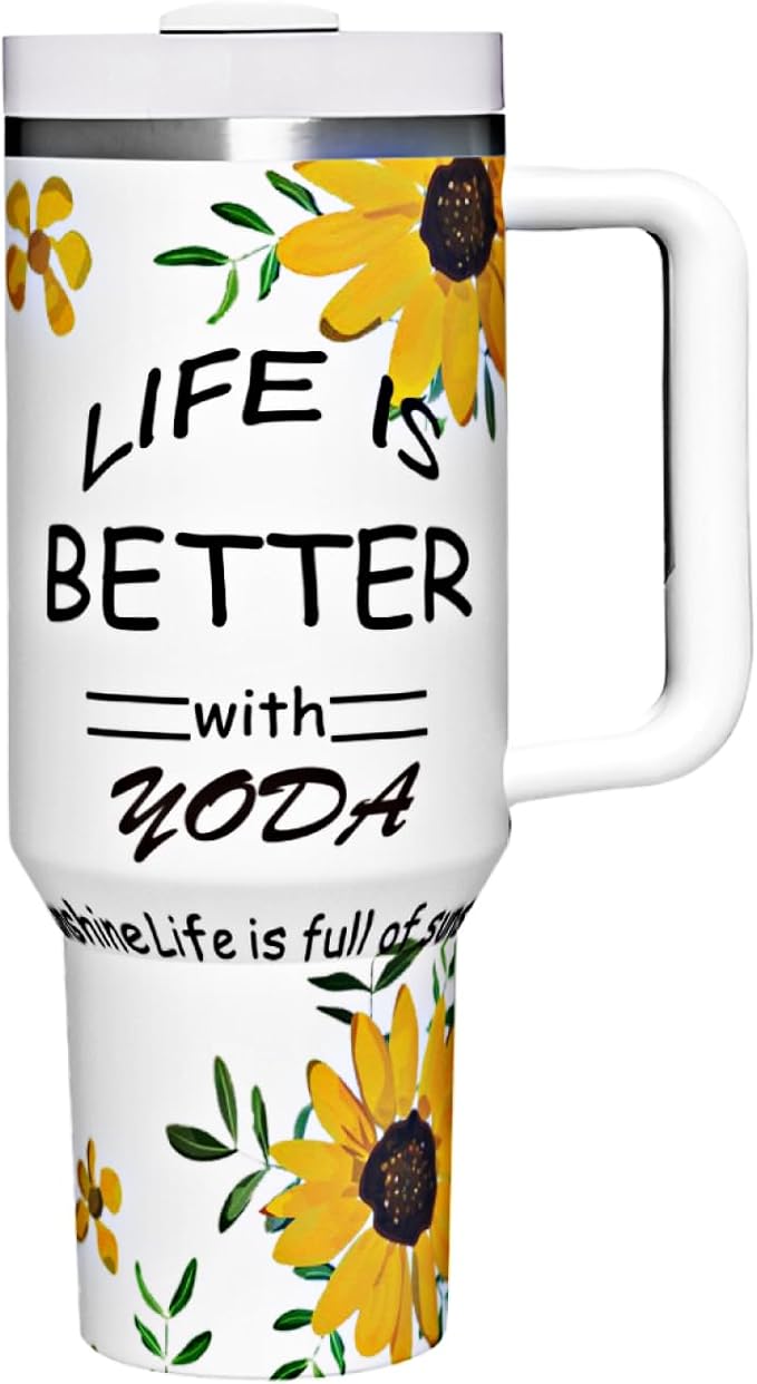 30oz Sunflowers Coffee Tumbler with Handle, Stainless Steel Double Wall Vacuun Insulated with Straw and Leak Proof Lid Travel Coffee Mug Cup, Birthday Gifts for Adult Women Men