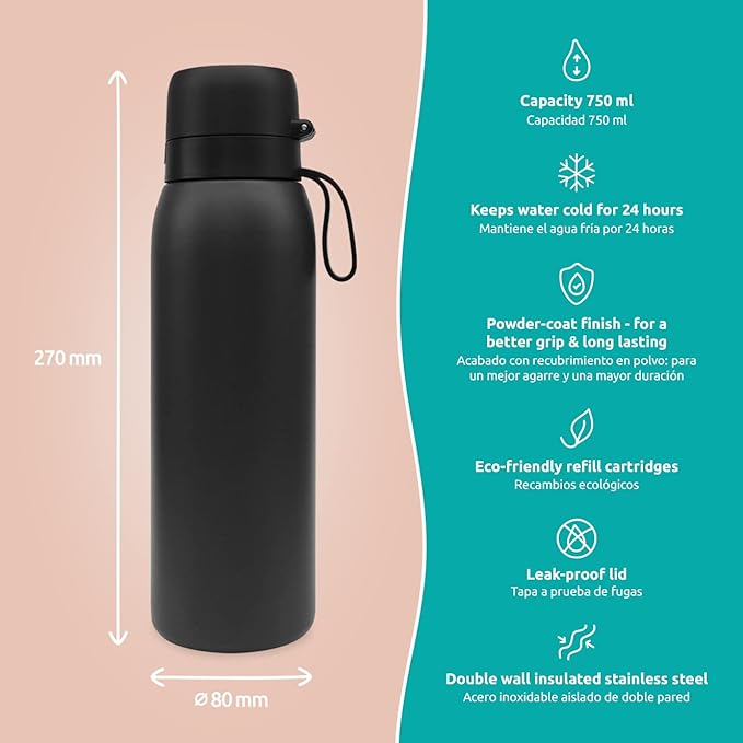 Marley Designed Bottle Pro Reusable Water Bottle with Filter, 80+ contaminants Filtered, BPA Free, Sustainable Refills, 750ml, Filter Bottle + 1 Refill Included