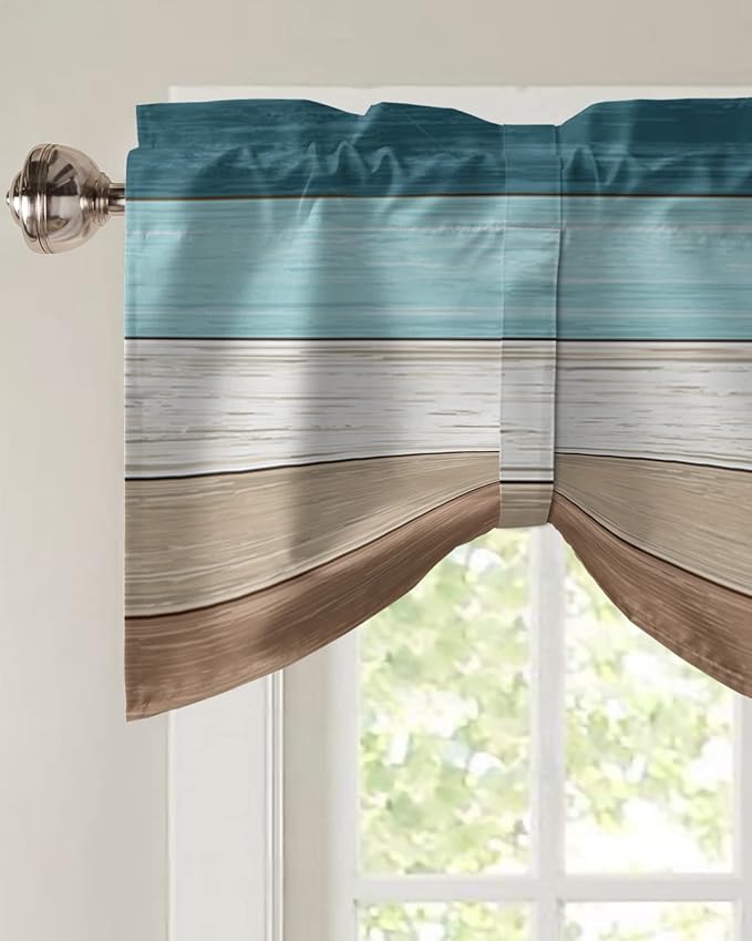Farmhouse Blackout Tie Up Valance Curtains for Kitchen Windows,Teal Blue Brown Beach Window Toppers Balloon Shades for Living Room/Bathroom/Bedroom,1 Panel,42" X 12" Retro Rustic Barn Wood Texture