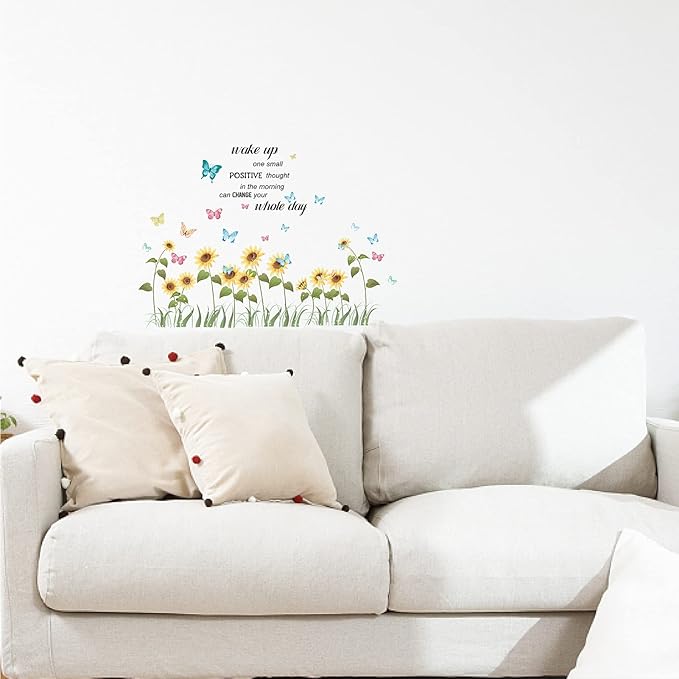 CREATCABIN 4pcs Sunflower Vinyl Wall Decals Butterfly Inspirational Quotes Wall Stickers Self-Adhesive Peel and Stick Watercolor Mural Decoration for Bedroom Living Room Kitchen Wardrobe Door Playroom