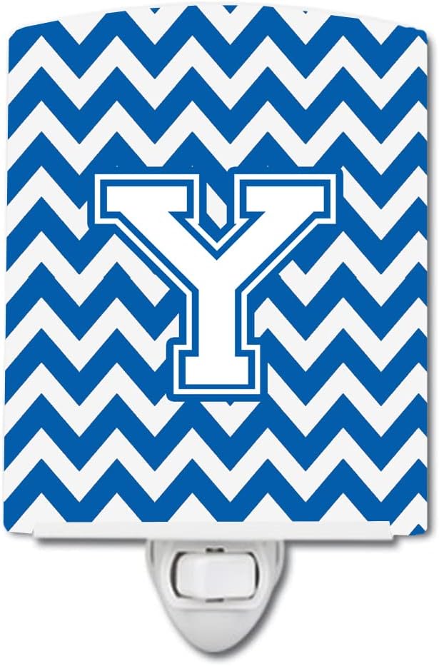 Caroline's Treasures CJ1045-YCNL Letter Y Chevron Blue and White Ceramic Night Light Compact, UL-Certified, Ideal for Bedroom, Bathroom, Nursery, Hallway, Kitchen, 6x4x3, Multicolor