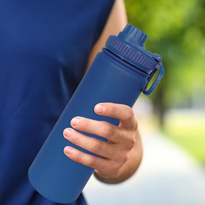 22oz Insulated Water Bottle ,Stainless Steel Sports Water Cup Flask with 2 Lids, Wide Mouth Travel Thermal Mug,Outdoor Sports Bottle(Dark Blue)