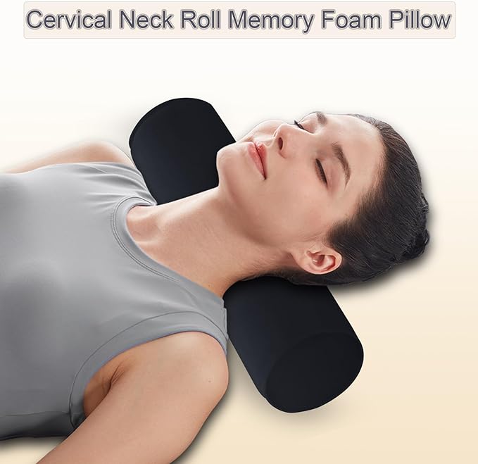 Round Cervical Roll Cylinder Bolster Pillow, 4" x 17" Orthopedic Cervical Roll Memory Foam Ergonomically Pillow forBed, Car, Office and Home Use,with Washable Cover (Black)