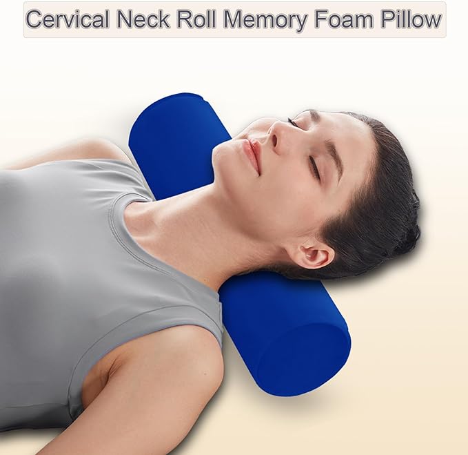 Round Cervical Roll Cylinder Bolster Pillow, 4" x 17" Orthopedic Cervical Roll Memory Foam Ergonomically Pillow forBed, Car, Office and Home Use,with Washable Cover (Blue)