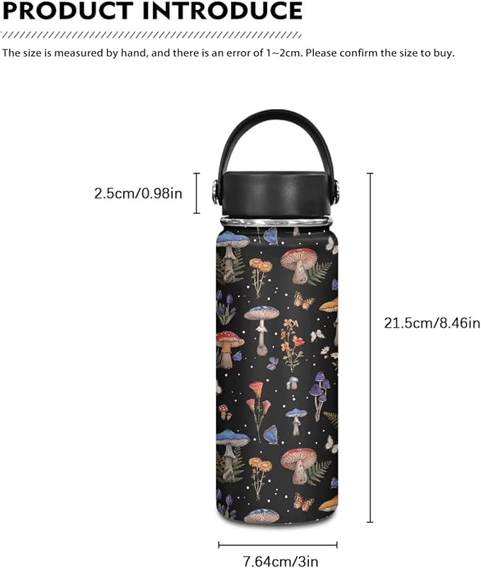 Mushroom Print Insulated Stainless Steel Water Bottle with Top Handle 20 Oz Vacuum Stainless Steel Sports Travel Water Bottle for Women Men