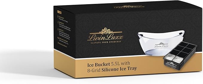 Acrylic Ice Bucket for Parties with Silicone Ice Cube Tray - Clear Champagne Bucket 5.5 Liter - Beverage Tub with Big Square Ice Cubes for Cold Drinks - Holds 3-5 Wine or Champagne bottles