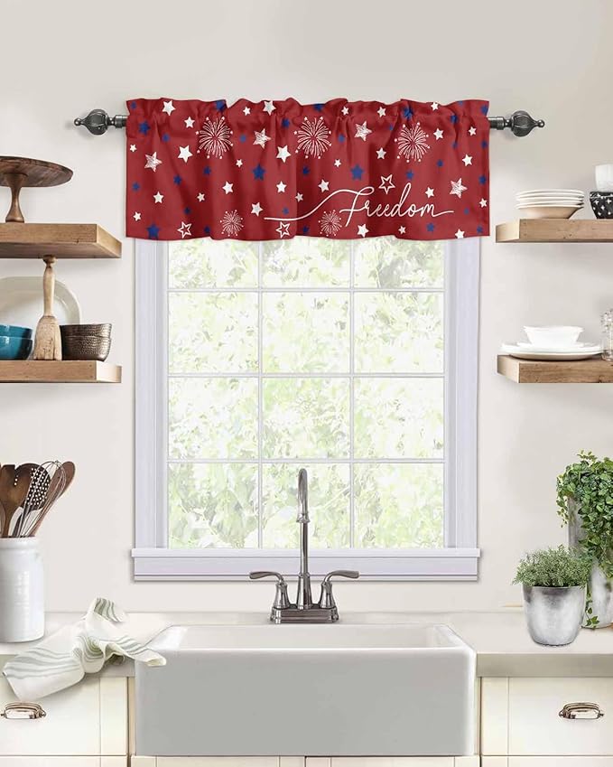 Patriotic 4th of July Kitchen Curtains Valances for Windows Red White Blue Stars Freedom Rod Pocket Window Treatment for Kitchen /Living Room/Bedroom/ Bathroom, 42" X 18", Memorial Day Summer
