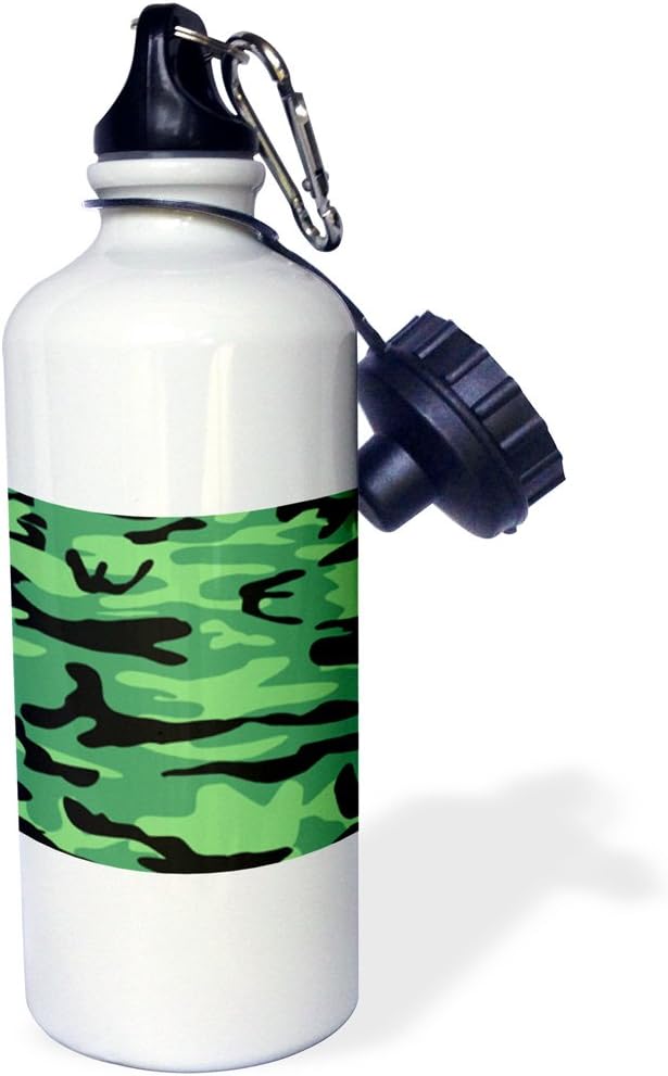3dRose "Bright forest green army print camo-macho stealth blend patches soldier uniform camouflage texture" Sports Water Bottle, 21 oz, White