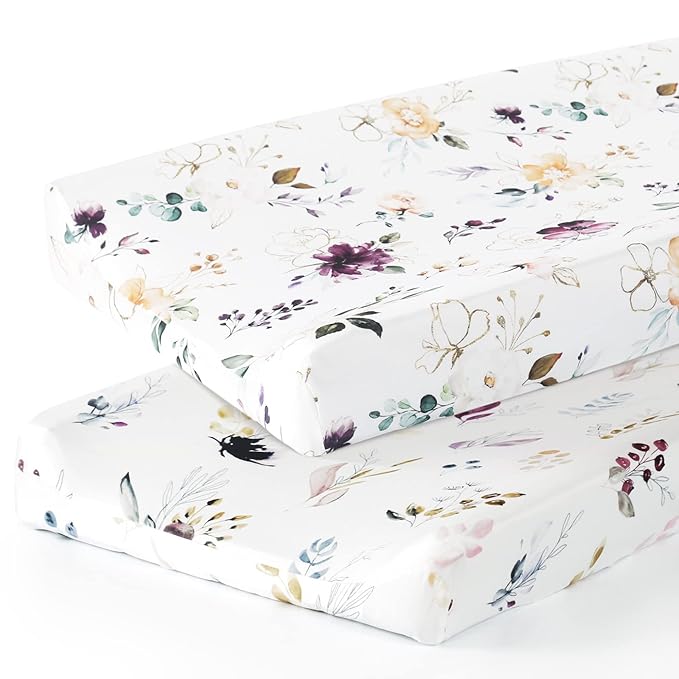 GRSSDER Stretch Ultra Soft Jersey Knit Changing Pad Cover Set 2 Pack,Change Table Pad Covers Fit 32"/34" x 16" Pads Safe and Snug,Watercolor Pretty Purple Flora for Girls