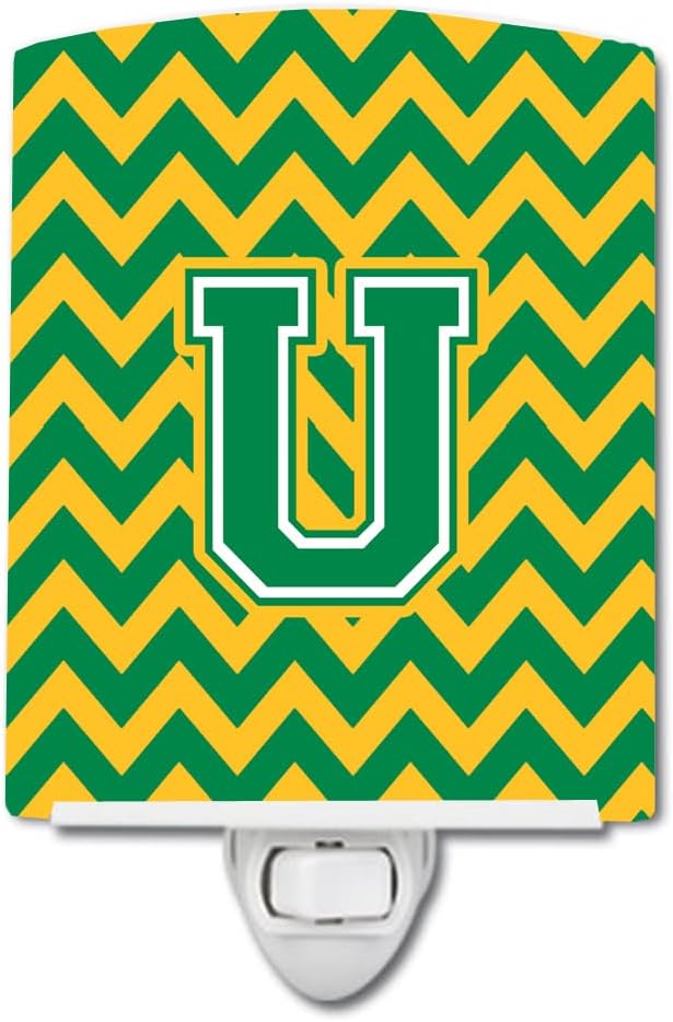 Caroline's Treasures CJ1059-UCNL Letter U Chevron Green and Gold Ceramic Night Light Compact, UL-Certified, Ideal for Bedroom, Bathroom, Nursery, Hallway, Kitchen, 6x4x3, Multicolor