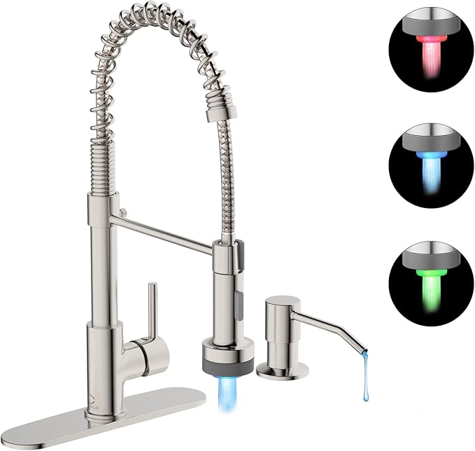 Kitchen Faucet with LED Light,Kitchen Faucet with Soap Dispenser,Faucet for Camper Farmhouse RV Kitchen Sink,Single Handle Stainless Steel Kitchen Sink Faucets with Pull Down Sprayer,Nickel Brushed