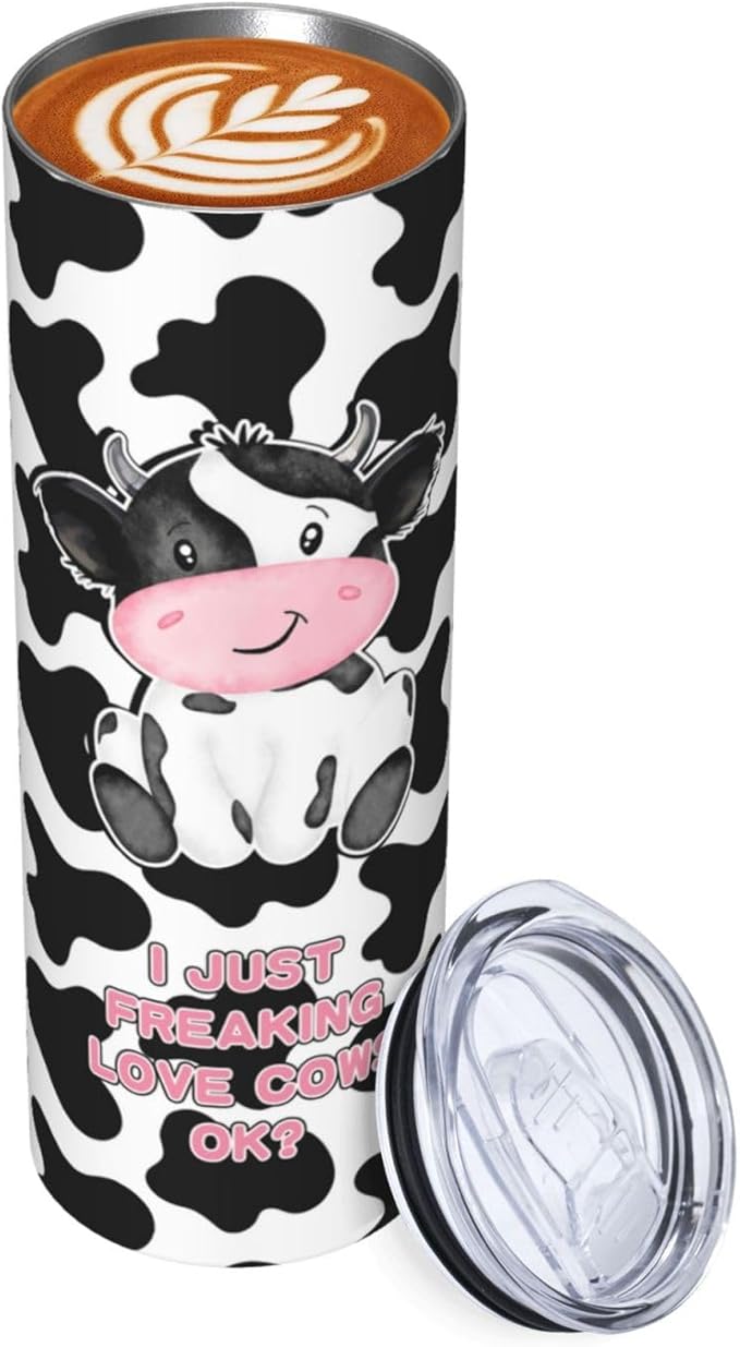 Skinny Tumbler Gift For Men Women, Cow Print Gifts For Women Funny Cow Print Tumbler Cup With Straw Lid 20 Oz,Cute Cow Reusable Stainless Steel Insulated Vacuum Slim Travel Coffee Mug
