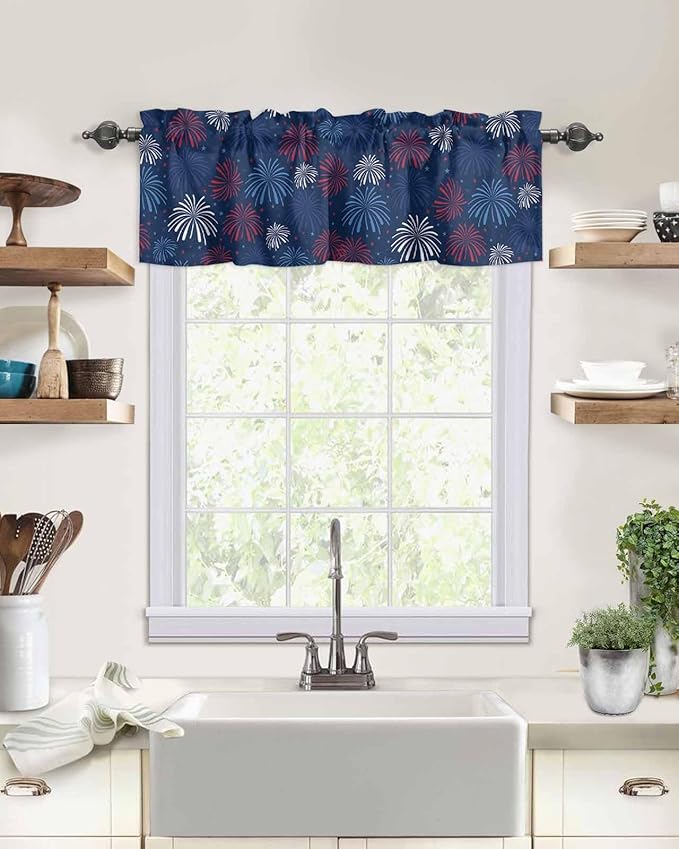 July 4th Kitchen Curtains Valances for Windows Fireworks Celebrate Patriotic Americana Stars Rod Pocket Window Treatment for Kitchen/Living Room/Bedroom/Bathroom, 42" X 12", Red, White and Blue