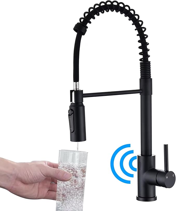 Touchless Kitchen Faucet with Pull Down Sprayer Water Filte 3 Hole Single Handle for Sink Rv Commercial Outdoor Laundry Brass Stainless Steel Material(Black)