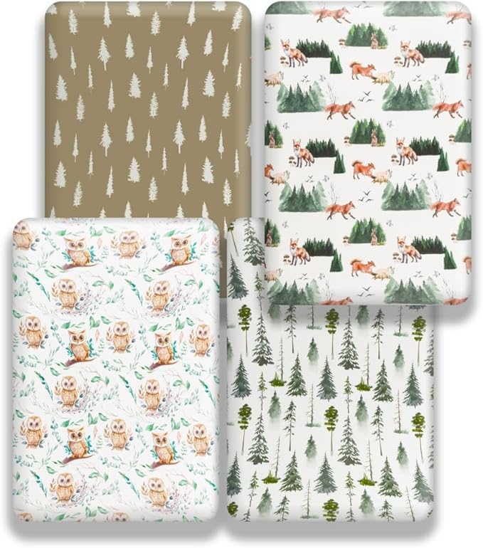 4 Pack N Play Sheets Woodland Forest Animals Wood Neutral Unisex Fitted Baby N Play Sheets Fitted for Standard Pack and Plays and Mini Cribs Set for Baby Boys or Girls (Paint Fox)