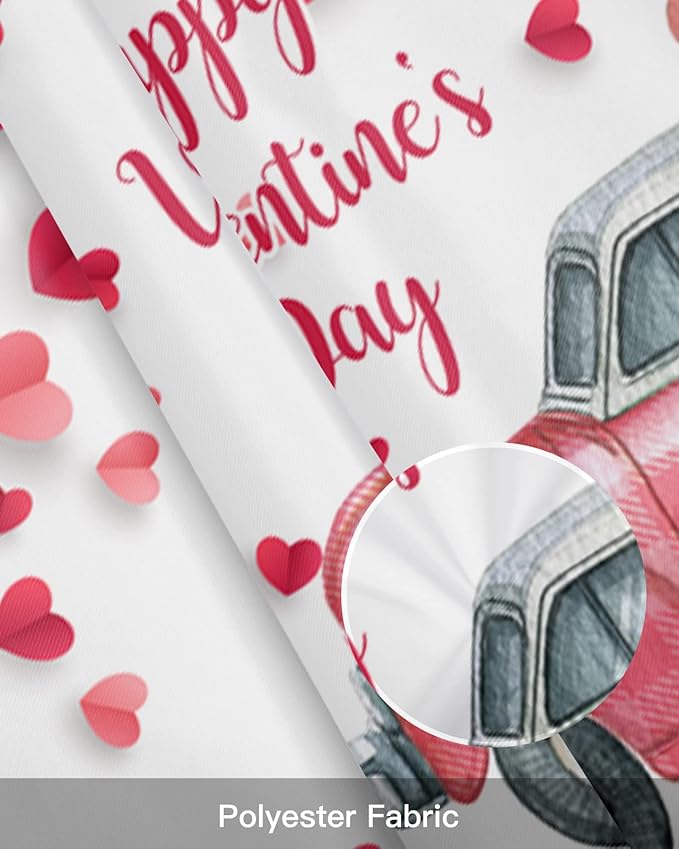 Happy Valentine's Day Valances Kitchen Curtains for Windows,Valentines Gnomes Farmhouse Trucks Rod Pocket Valances Pink Hearts Tree Decor Short Curtains for Bedroom/Living Room,54" X 18" -1 Panel