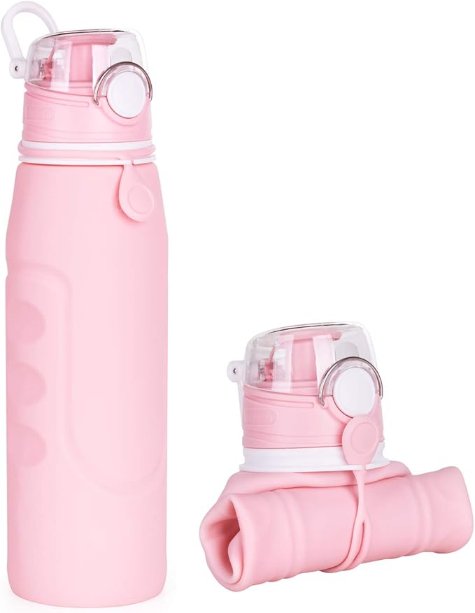 Valourgo 1L Collapsible Water Bottle BPA Free Portable Large Travel Mug Reusable Sports Bottle (35 oz Pink)