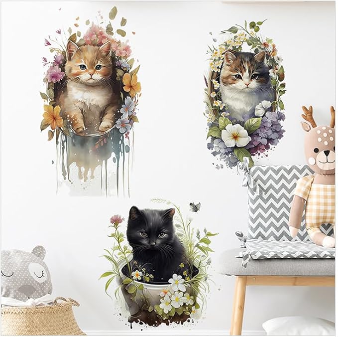 Cute Cat Wallpaper Murals for Nursery Room Toilet Kitchen Offices,Plant Pot Wall Stickers for Living Room Bedroom